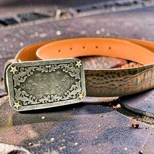 Tony Lama Brown Crocodile Belt with Silver Buckle